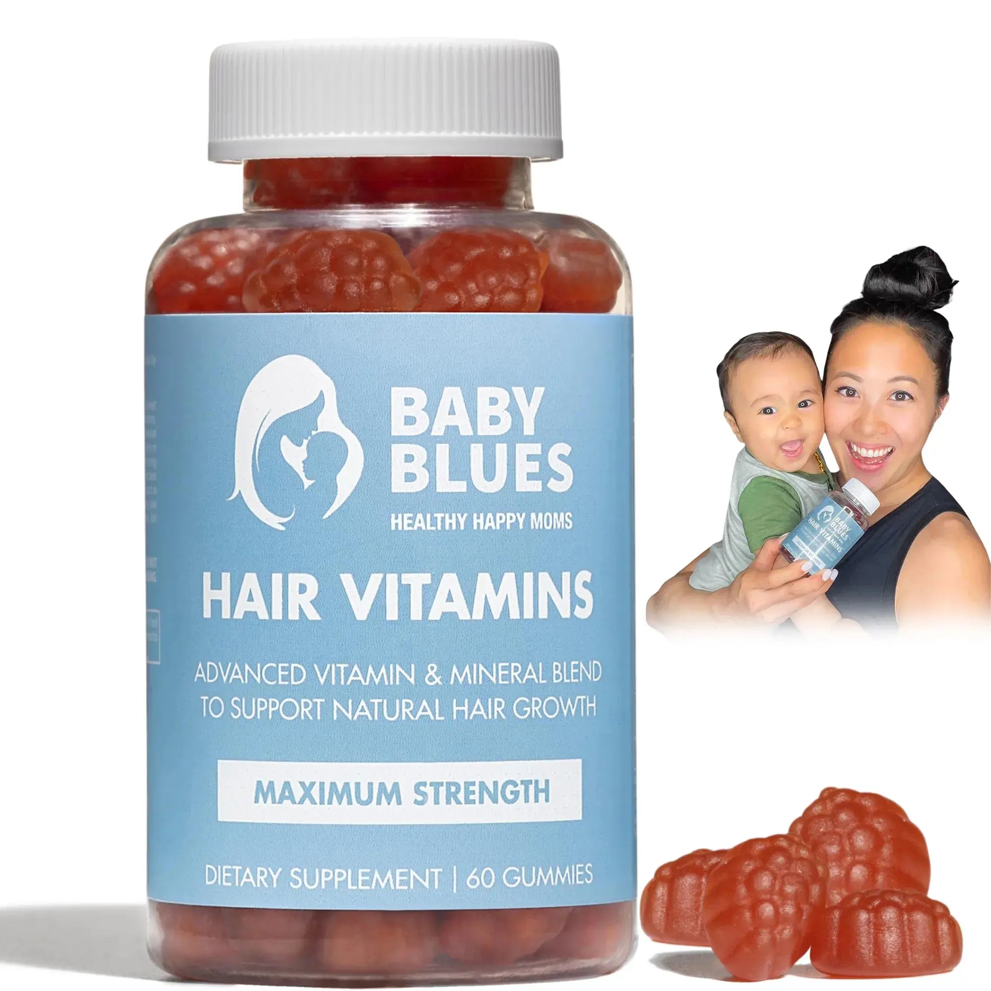 Baby Blues Hair Vitamins bottle and gummies, with a mom and baby in the background. Supports natural hair growth