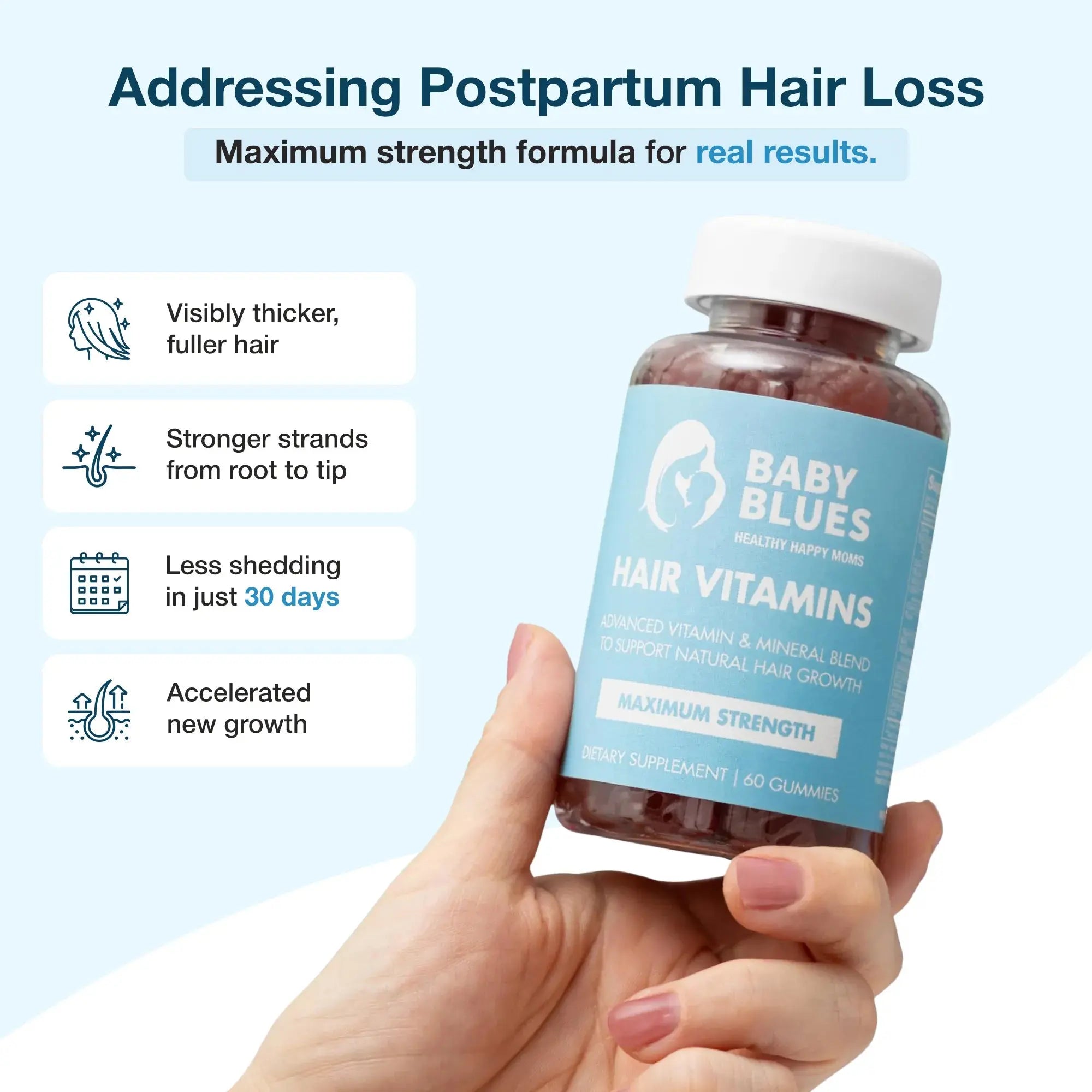 Hand holding Baby Blues Postpartum Hair Vitamins, promoting thicker, stronger hair, less shedding, and new growth.