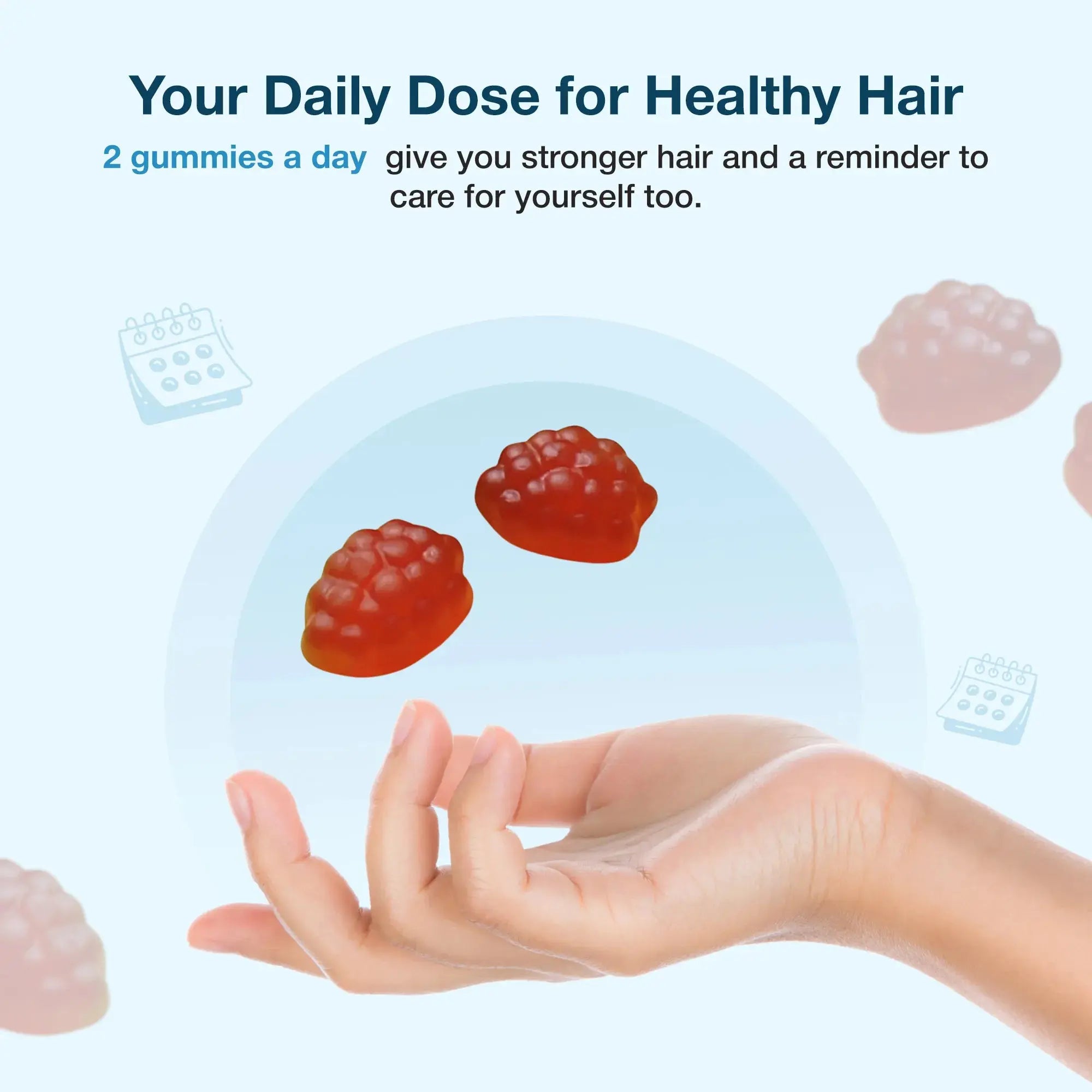 Hand holding two red berry-shaped hair gummies, with text Your Daily Dose for Healthy Hair and 2 gummies a day