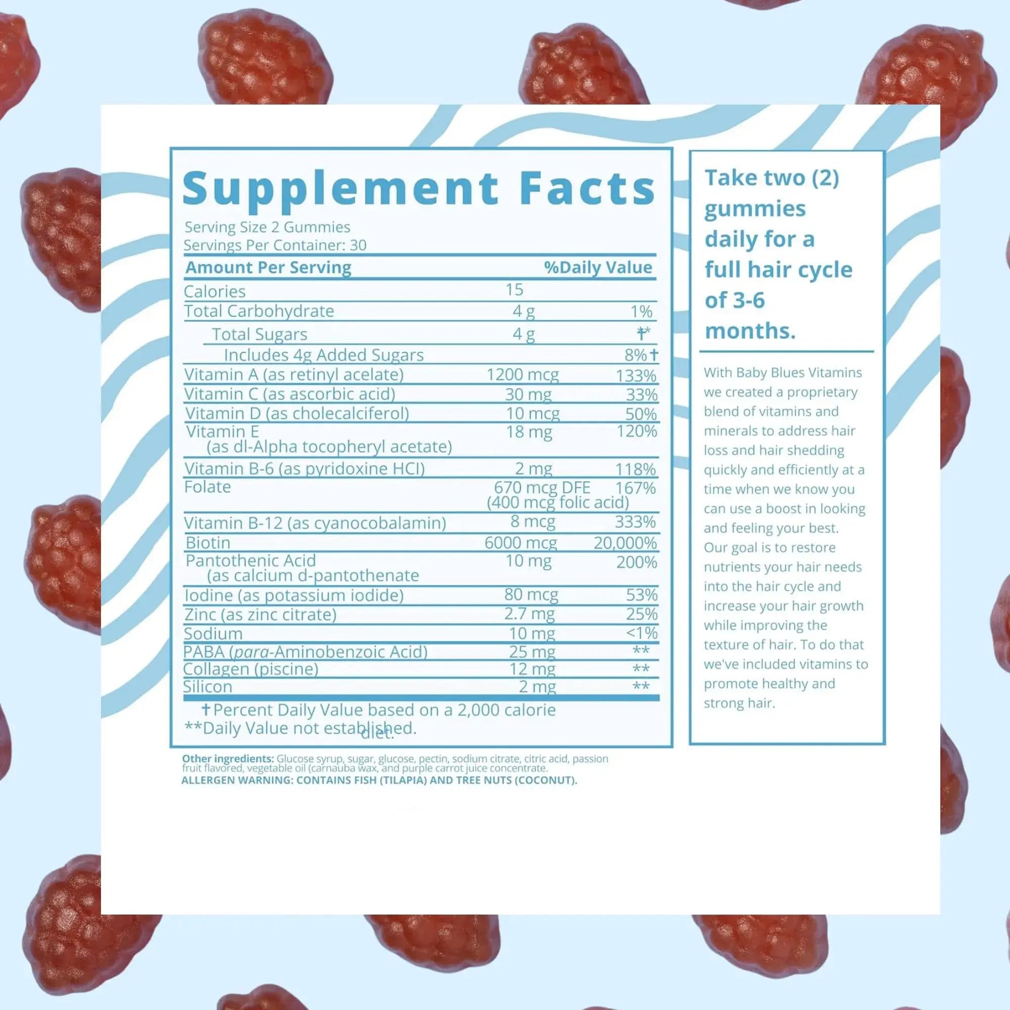 Supplement Facts label for Baby Blues Vitamins hair growth gummies, showing nutritional information and usage instructions