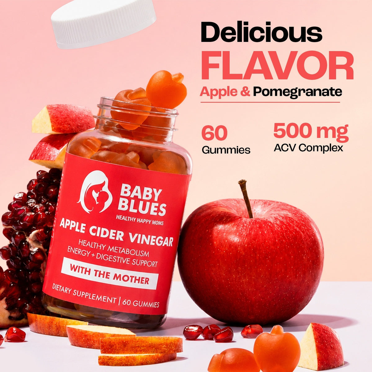 Apple and pomegranate flavor, 500 mg ACV complex per serving