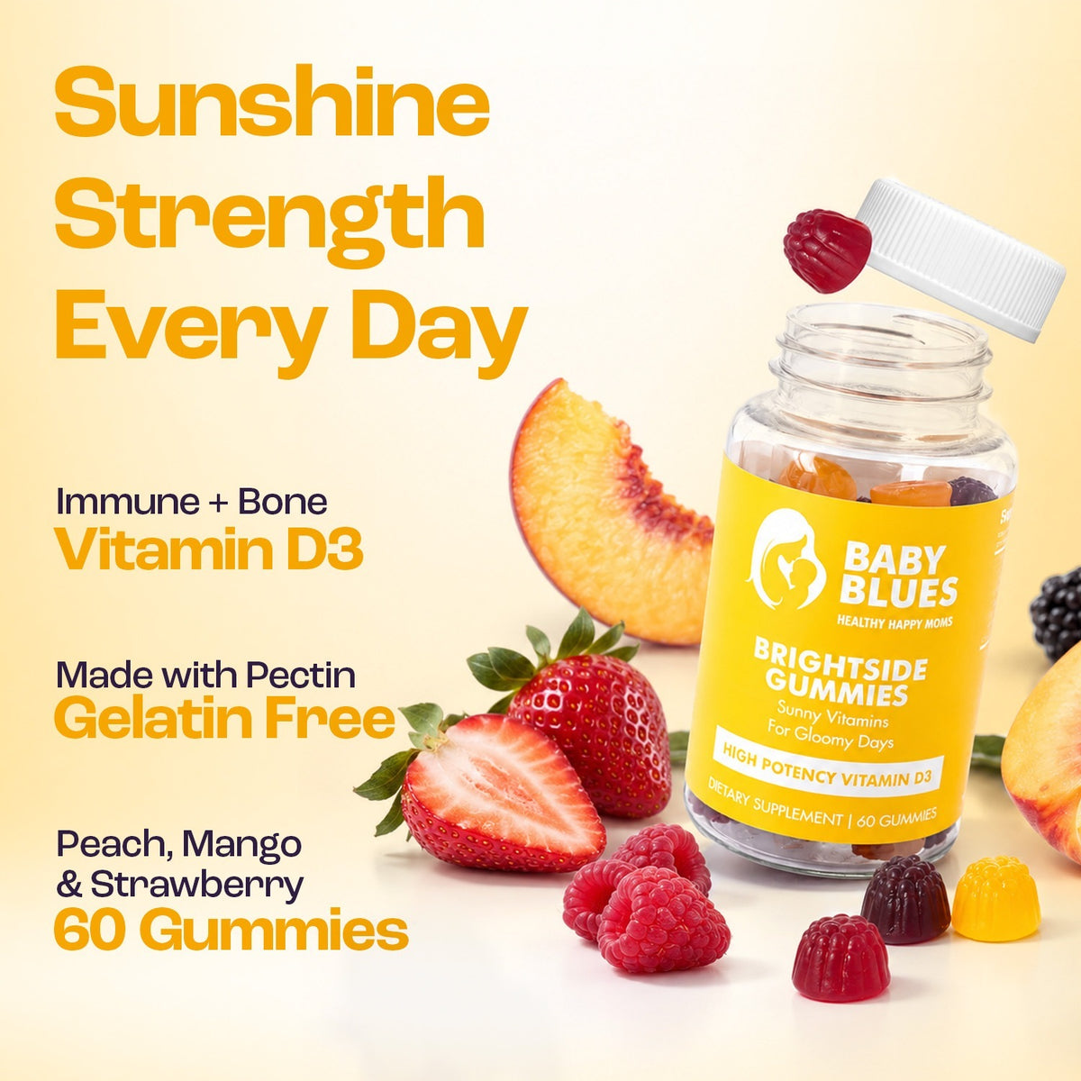 Peach, mango and strawberry vitamin D3 gummies, gelatin free