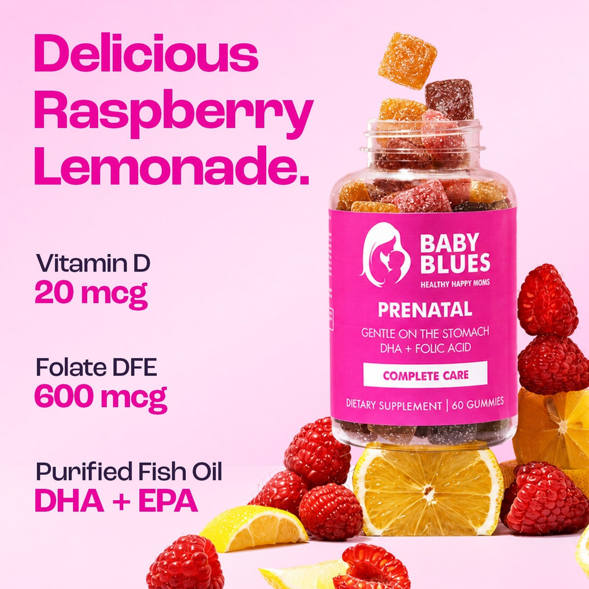 Raspberry lemonade prenatal gummies with vitamin D, folate and fish oil DHA