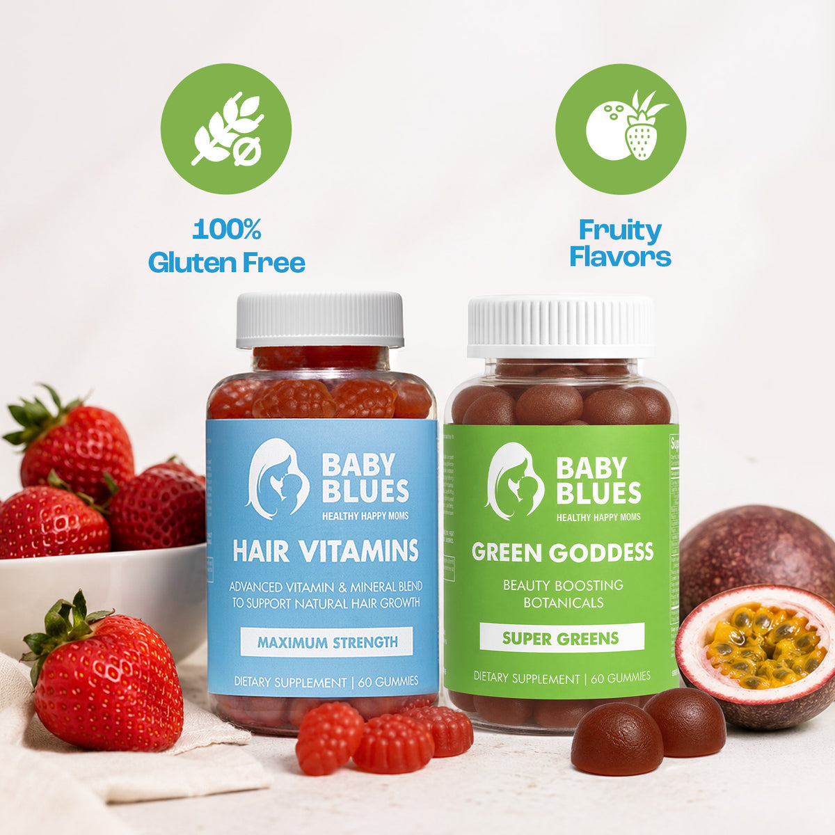 Hair Vitamins and Green Goddess bottles with fruit, gluten free with fruity flavors