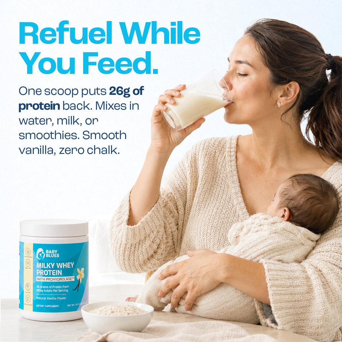 Breastfeeding mom drinking a Milky Whey protein shake