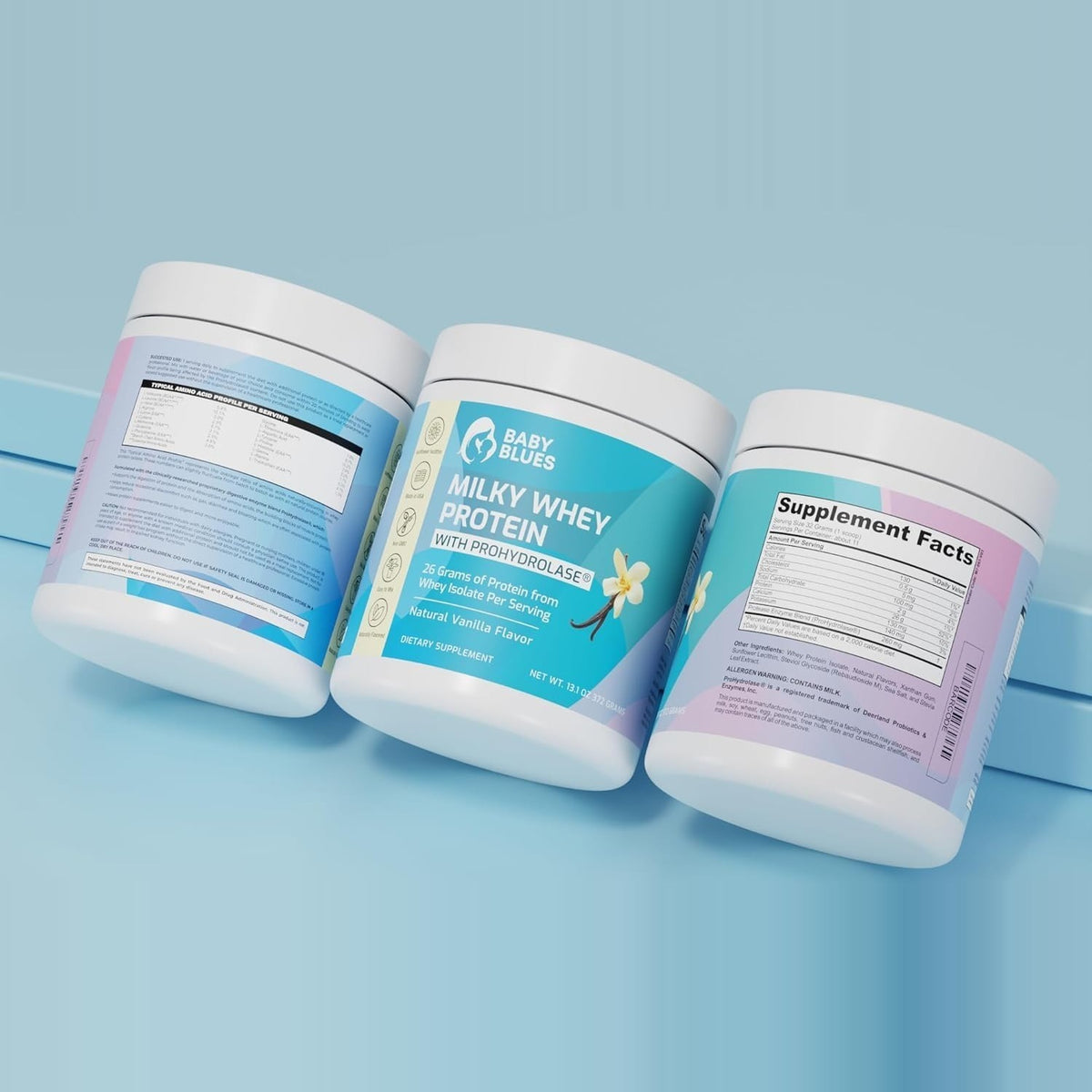 Three Milky Whey Protein tubs