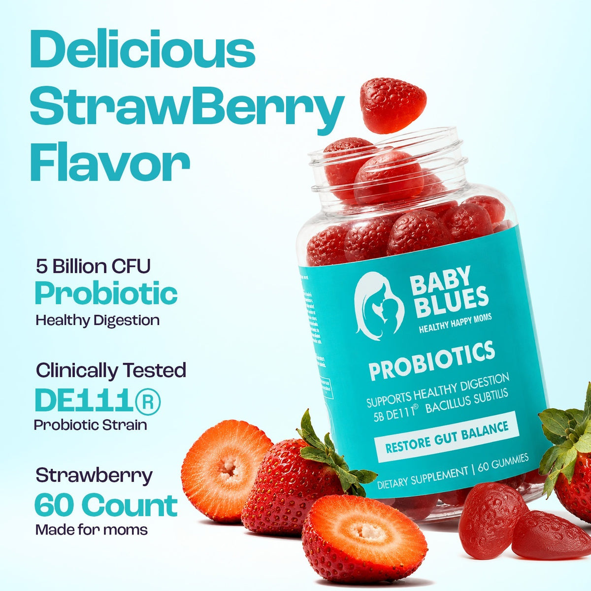 Strawberry probiotic gummies with clinically tested DE111 strain