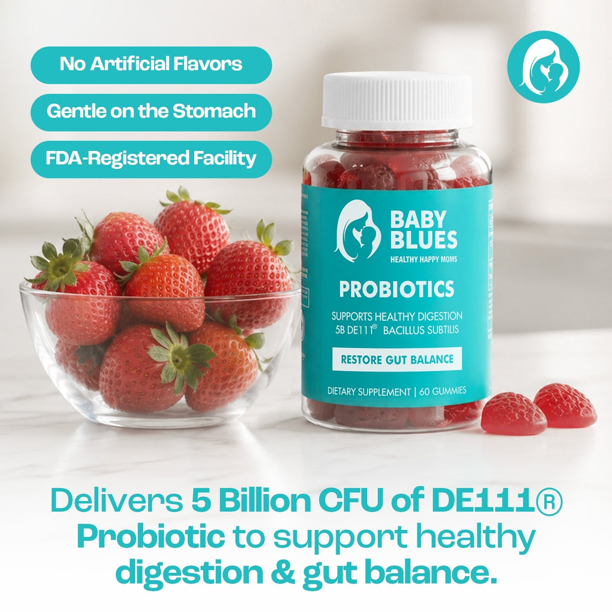 Probiotic gummies with strawberries, no artificial flavors