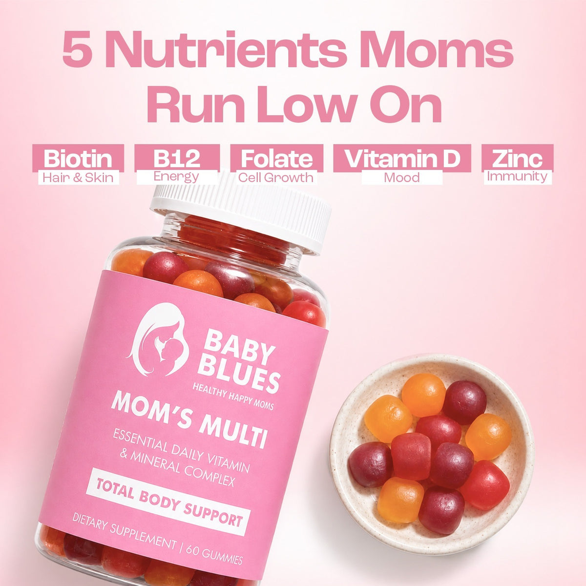 Five nutrients moms run low on: biotin, B12, folate, vitamin D and zinc