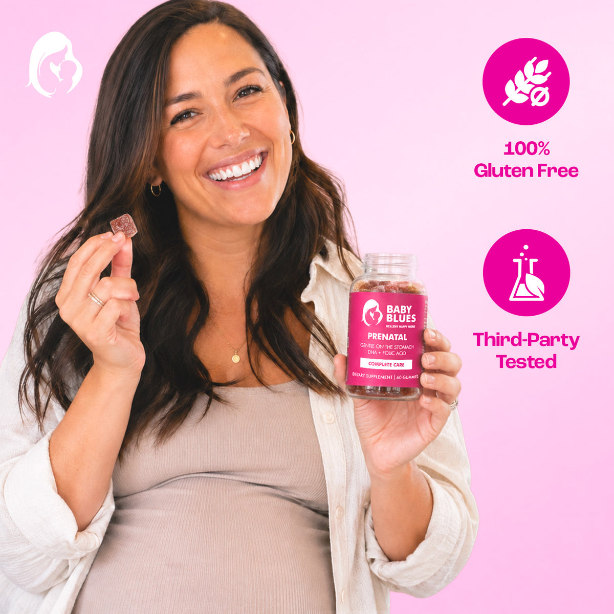 Pregnant mom holding Baby Blues Prenatal, gluten free and third-party tested