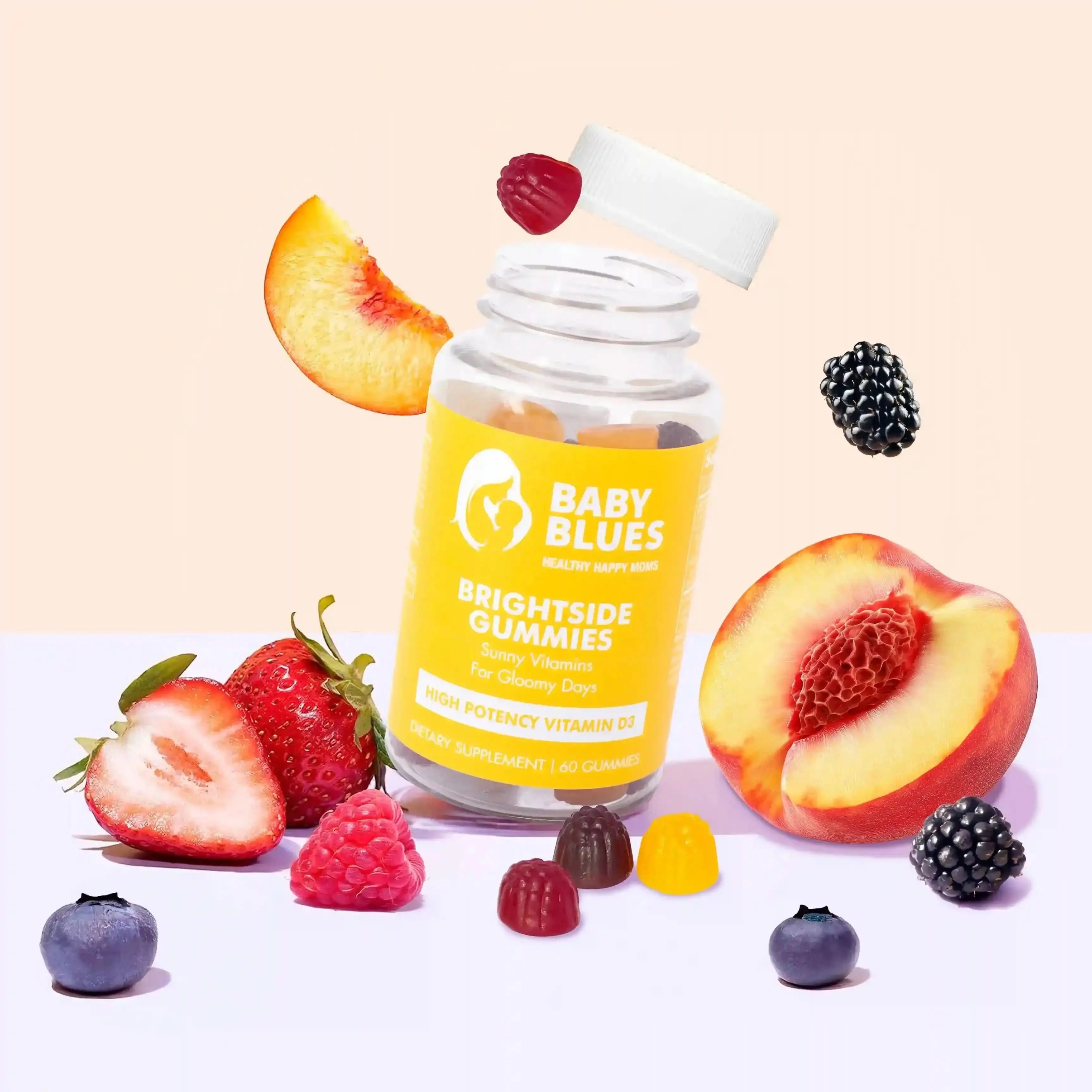 Baby Blues Vitamin D3 gummies in peach strawberry and mixed berry flavors for new moms