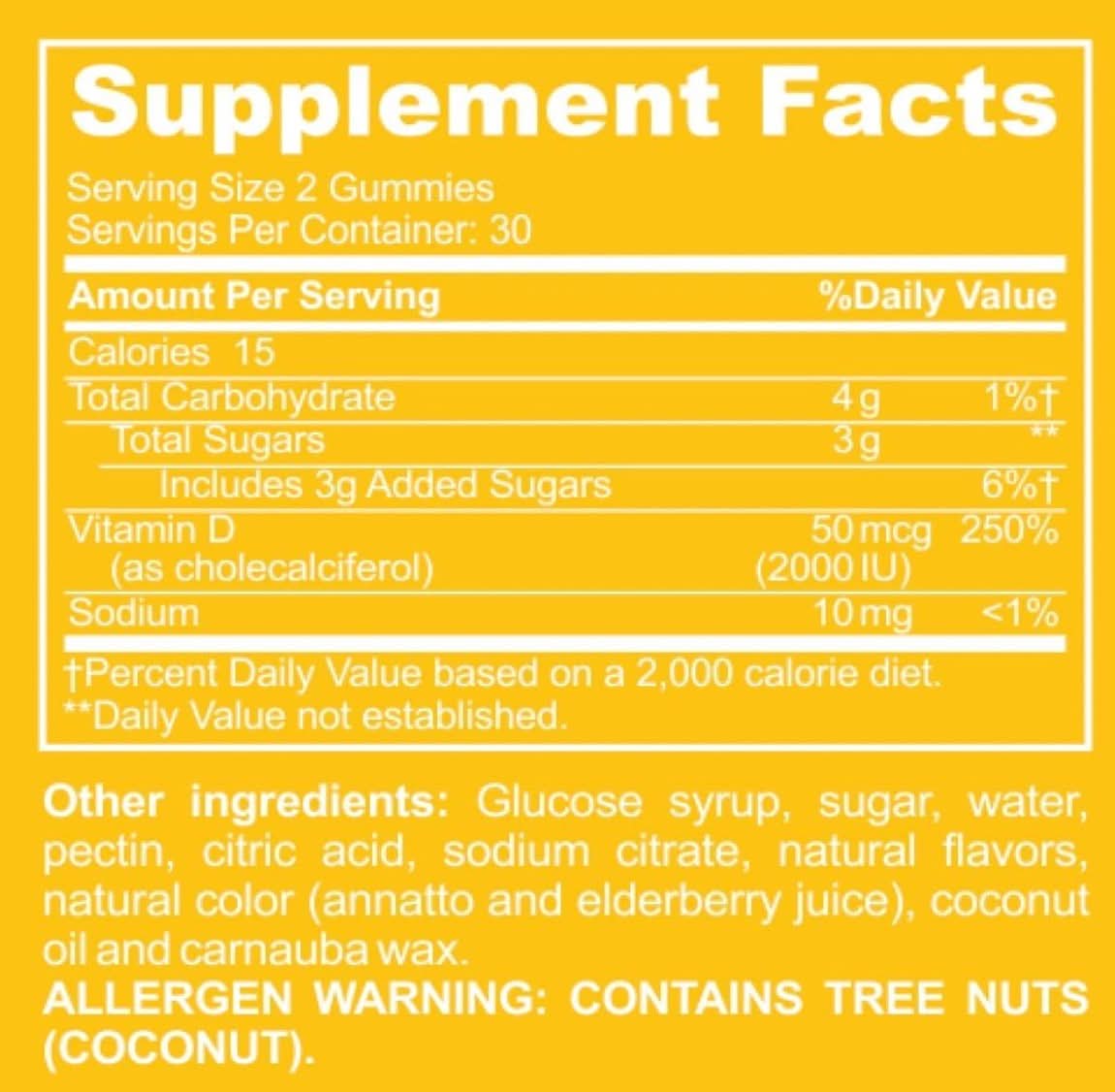 Supplement Facts label for Baby Blues Brightside Vitamin D3 Gummies showing 2000 IU vitamin D per serving