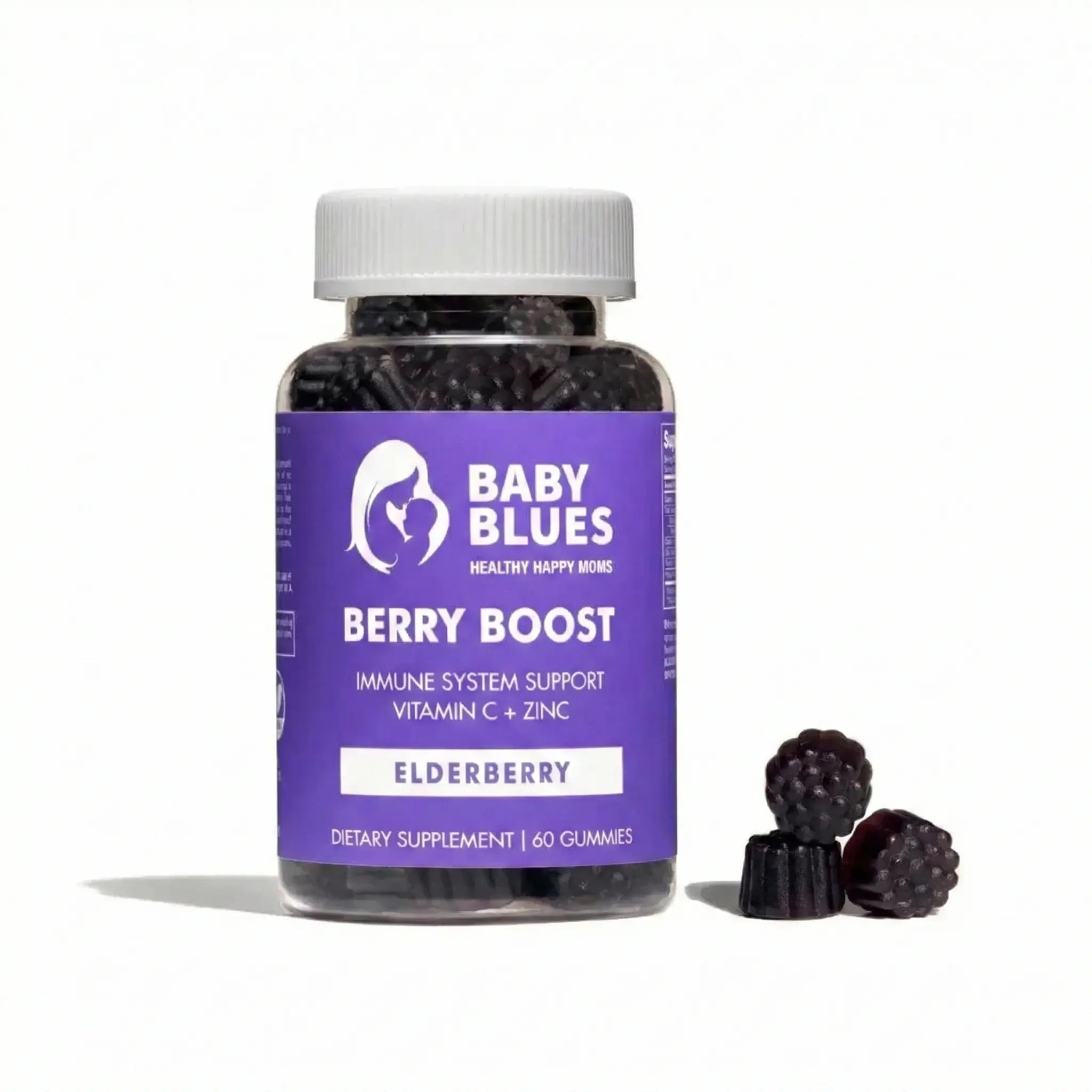 Baby Blues Berry Boost elderberry immune support gummies bottle with 60 dark cherry flavored gummies