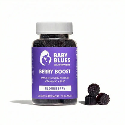 Baby Blues Berry Boost elderberry immune support gummies bottle with 60 dark cherry flavored gummies