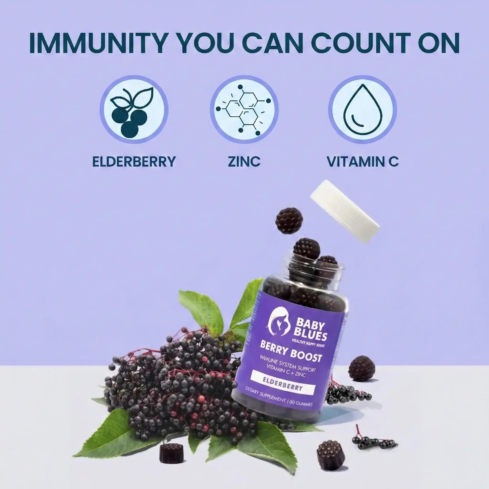 Baby Blues Berry Boost immunity gummies with elderberry zinc and vitamin C ingredients on purple background