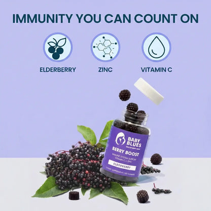 Baby Blues Berry Boost immunity gummies with elderberry zinc and vitamin C ingredients on purple background