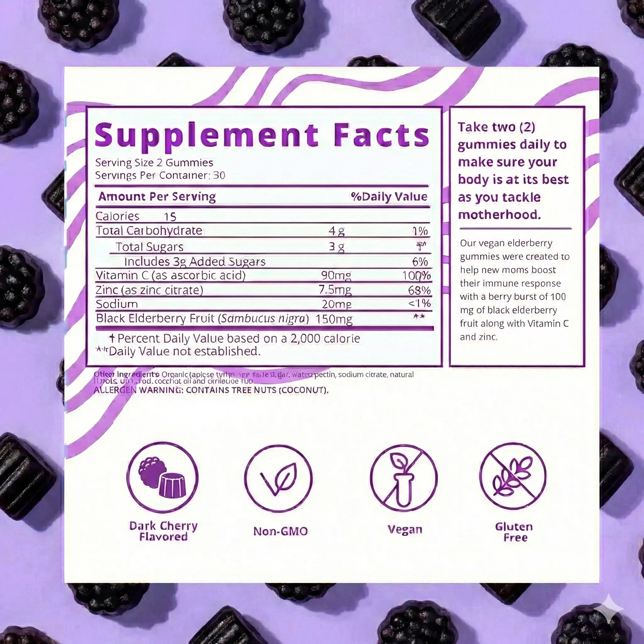 Baby Blues Berry Boost elderberry gummies supplement facts label showing non-GMO vegan and gluten free certifications