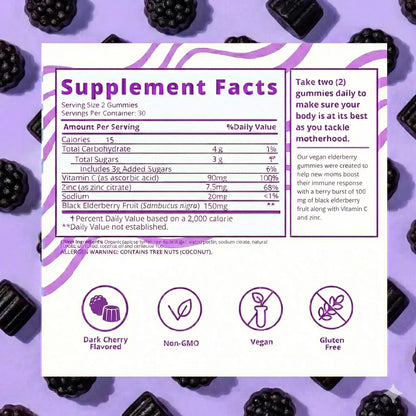 Baby Blues Berry Boost elderberry gummies supplement facts label showing non-GMO vegan and gluten free certifications