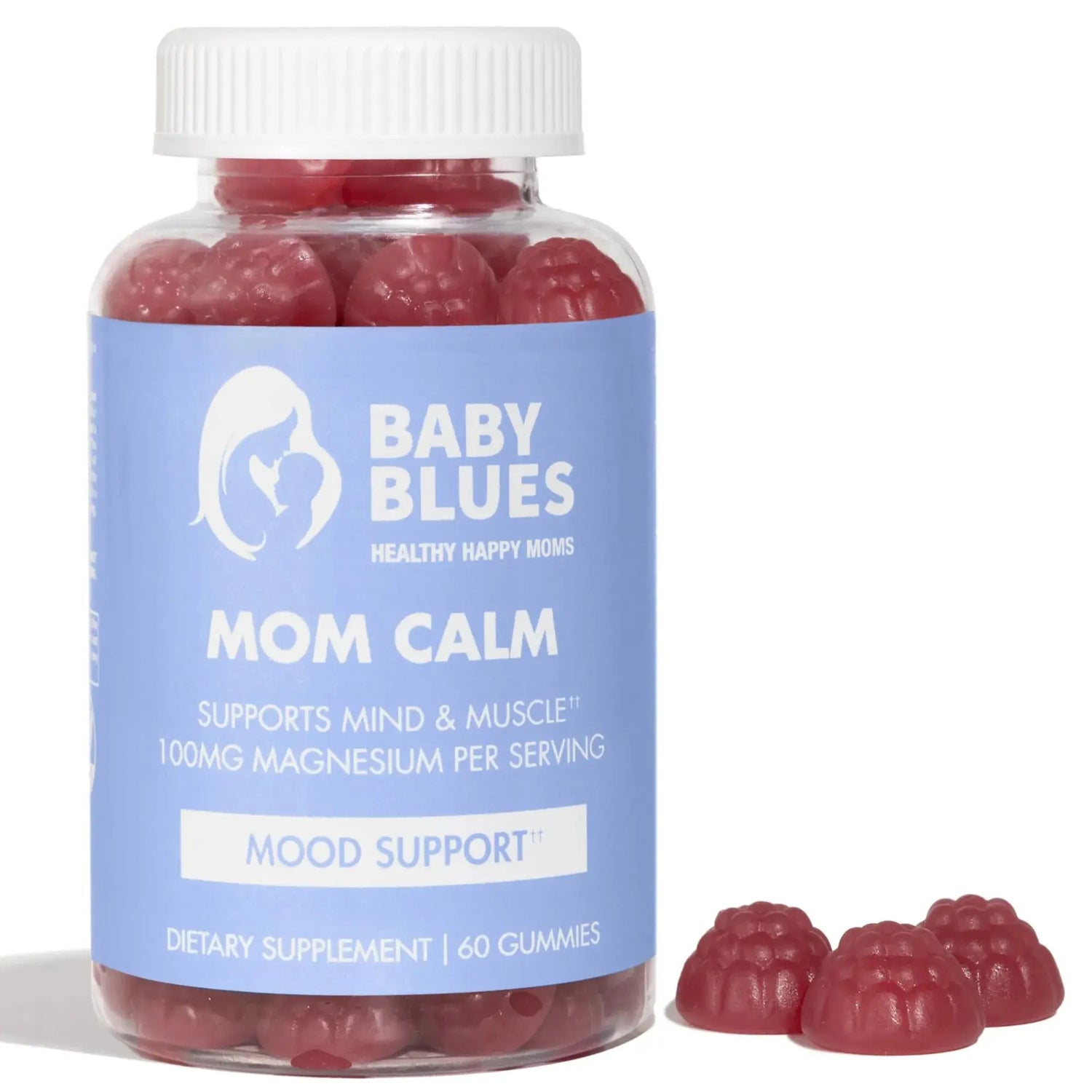 Close-up of Baby Blues Mom Calm bottle with red raspberry-shaped gummies visible beside it.