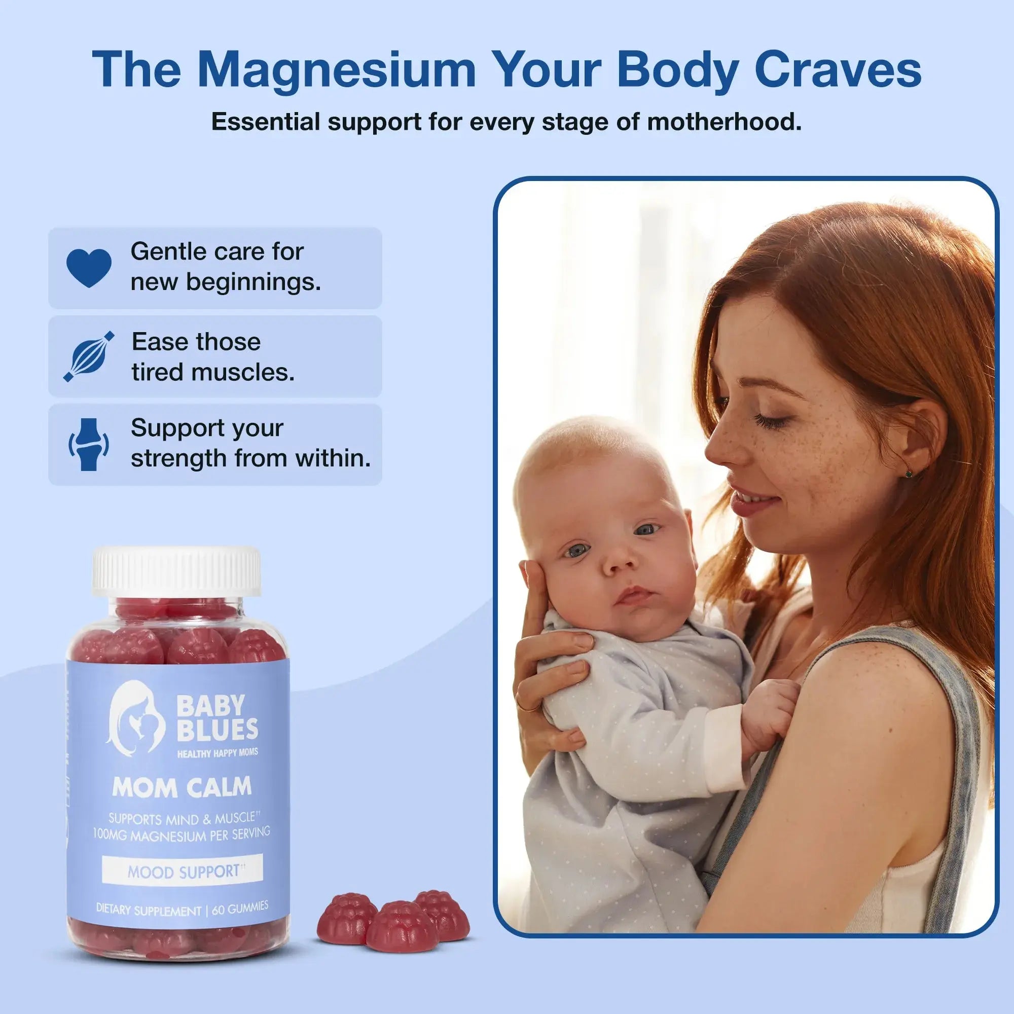 Mom holding baby with a bottle of Baby Blues Mom Calm magnesium supplements in the background.