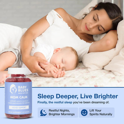 Mom and baby sleeping peacefully together in bed, with Baby Blues Mom Calm bottle in view.