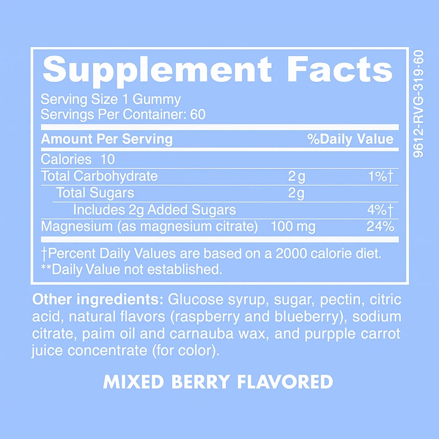 Supplement facts of Baby Blues Mom Calm with details of magnesium content and ingredients listed.