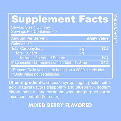 Supplement facts of Baby Blues Mom Calm with details of magnesium content and ingredients listed.