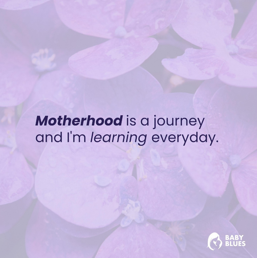 Purple flowers with a quote about motherhood being a learning journey.