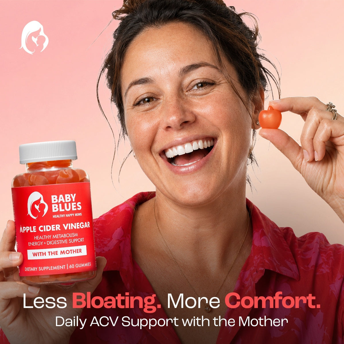 Smiling mom holding Baby Blues Apple Cider Vinegar Gummies