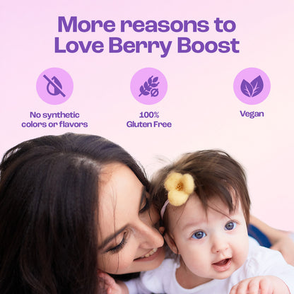 Mom and baby with Berry Boost highlights: no synthetic colors or flavors, gluten free and vegan