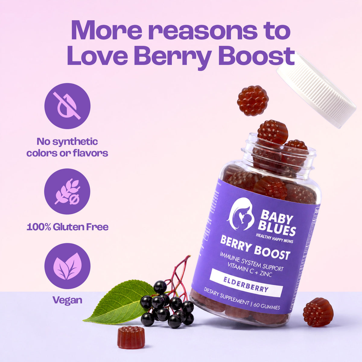 More reasons to love Berry Boost: no synthetic colors or flavors, gluten free and vegan