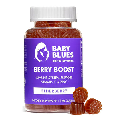 Baby Blues Berry Boost Elderberry Gummies bottle with vitamin C and zinc