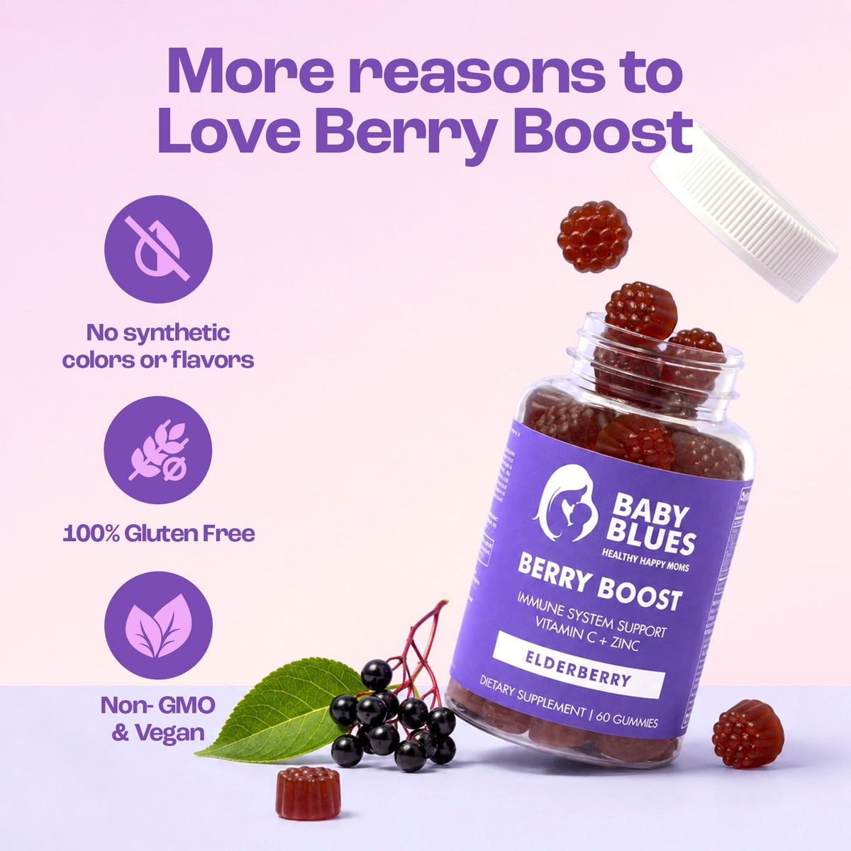 Berry Boost is gluten free, non-GMO and vegan with no synthetic colors