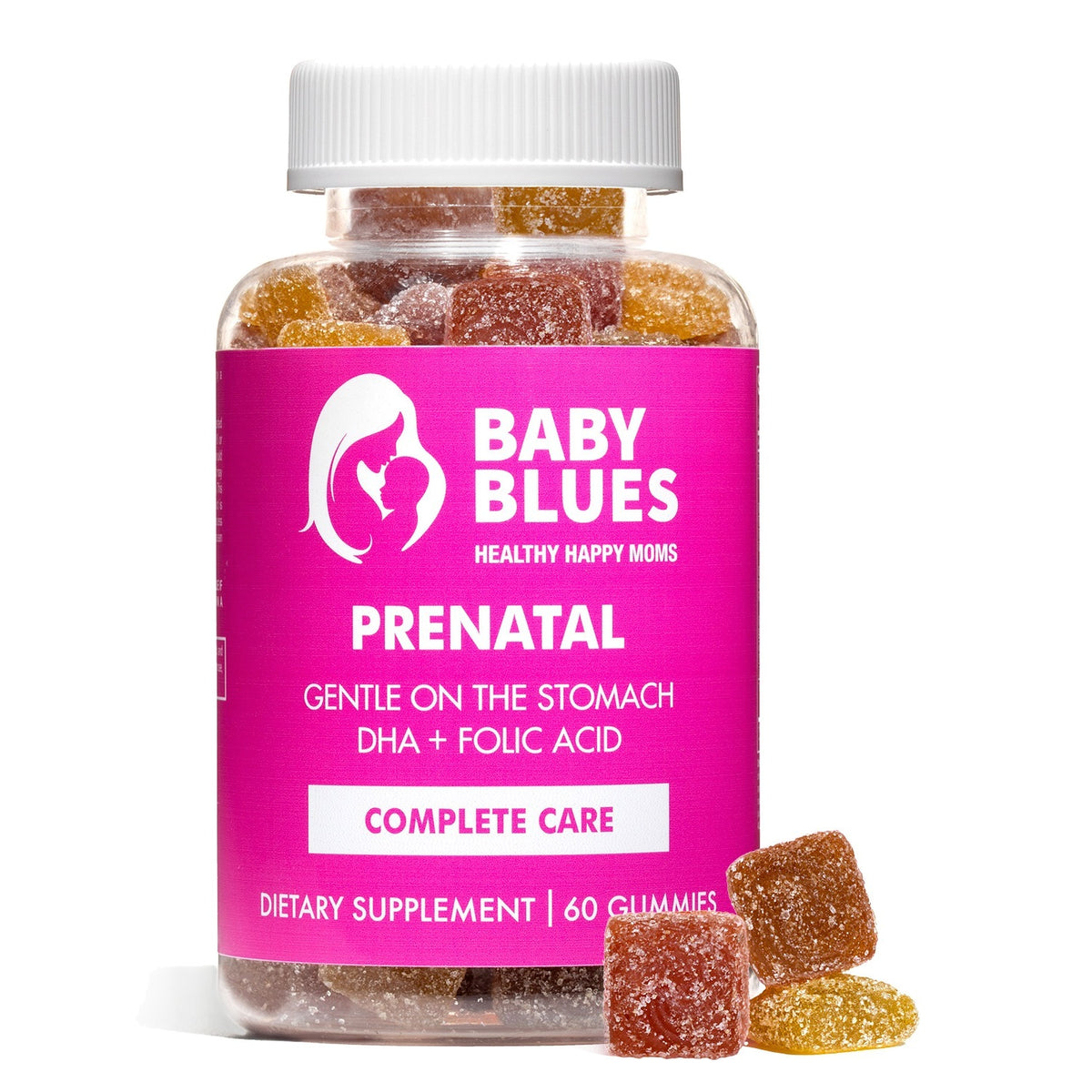 Baby Blues Prenatal Gummies bottle with DHA and folic acid, iron free