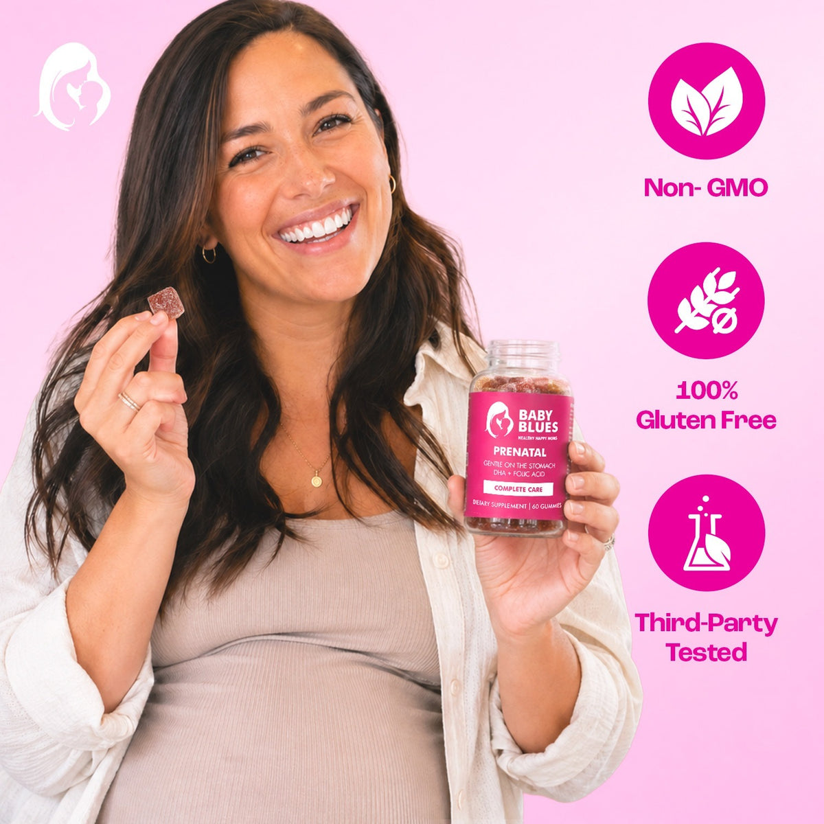 Pregnant mom holding Baby Blues Prenatal, non-GMO and gluten free