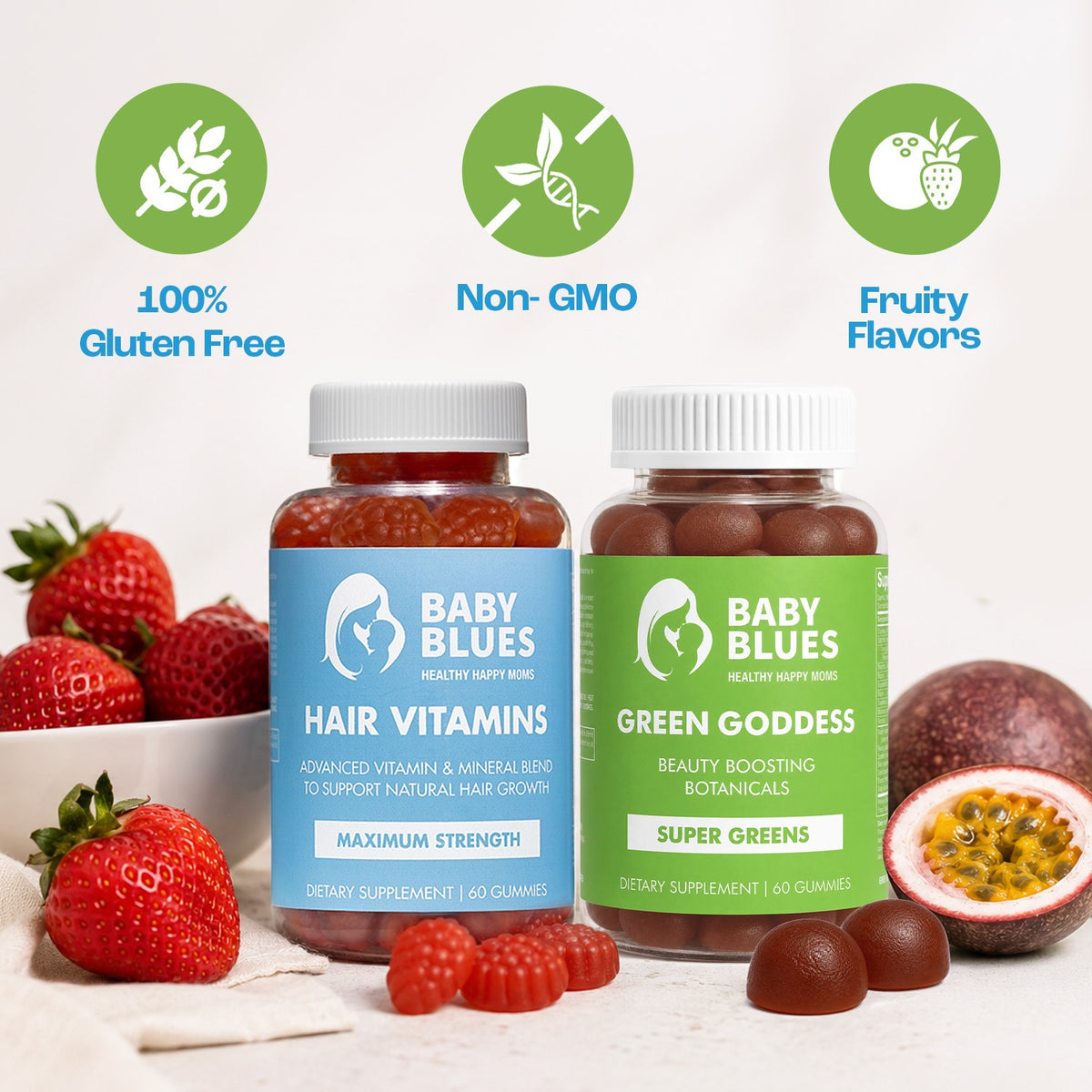 Hair Vitamins and Green Goddess bottles with fruit, gluten free and non-GMO