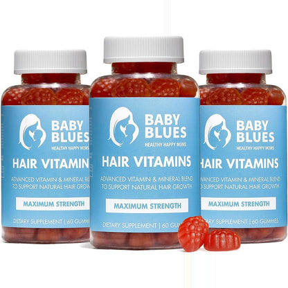 Three bottles of Baby Blues Postpartum Hair Vitamins, 90-day supply