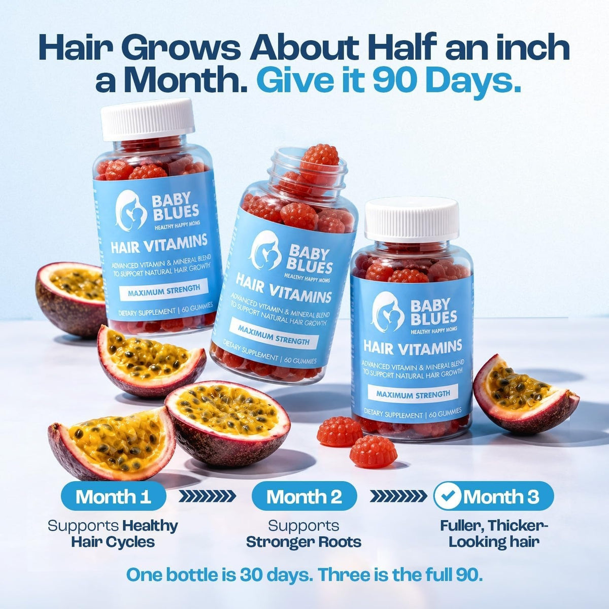 Hair grows about half an inch a month, three bottles cover a full 90 days