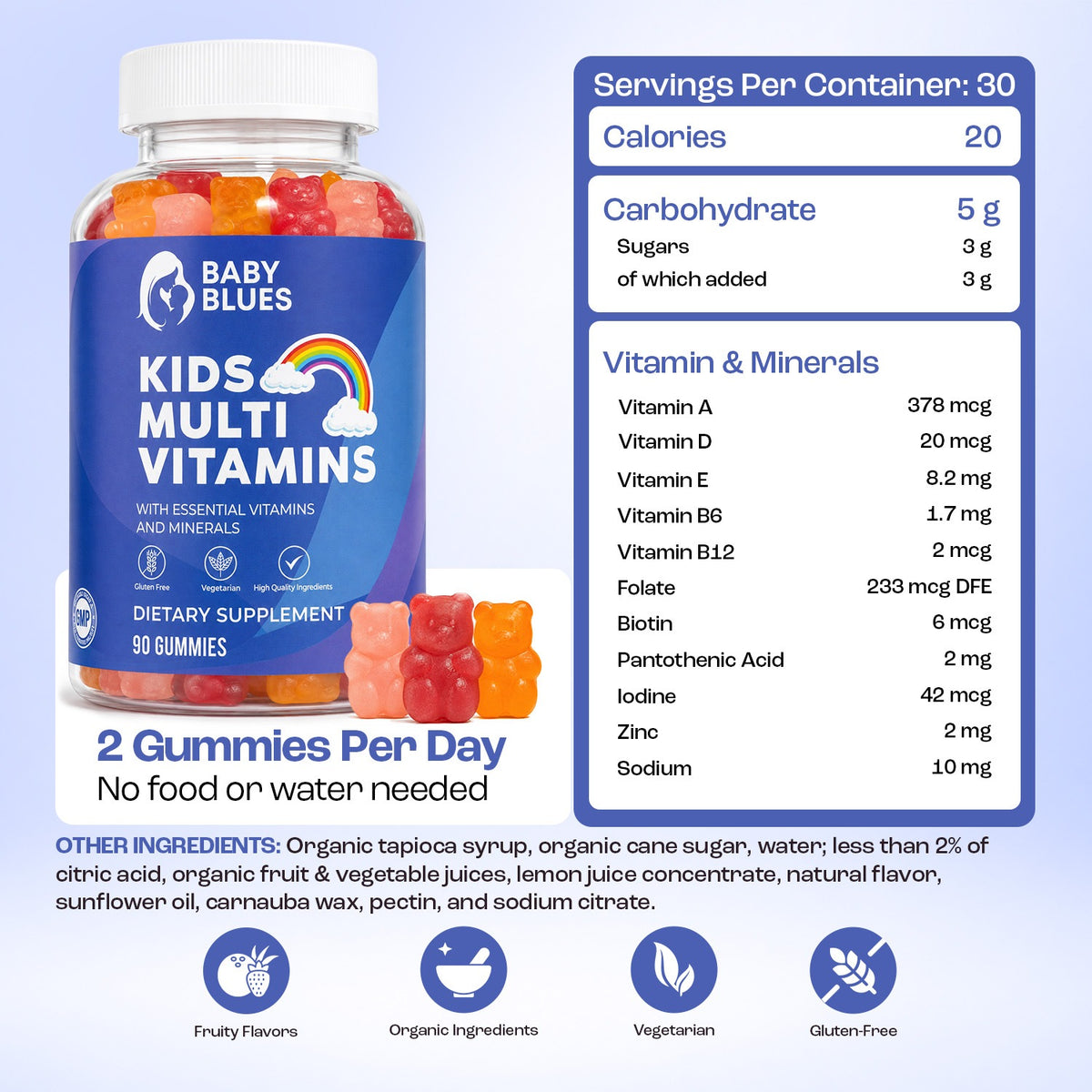 Kids Multi supplement facts, 2 gummies per day, vegetarian and gluten free