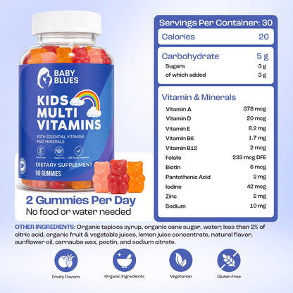 Kids Multi supplement facts, 2 gummies per day, vegetarian and gluten free