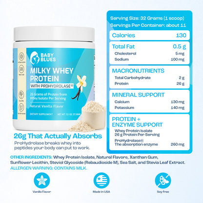 Milky Whey Protein nutrition facts, 26 g protein per scoop