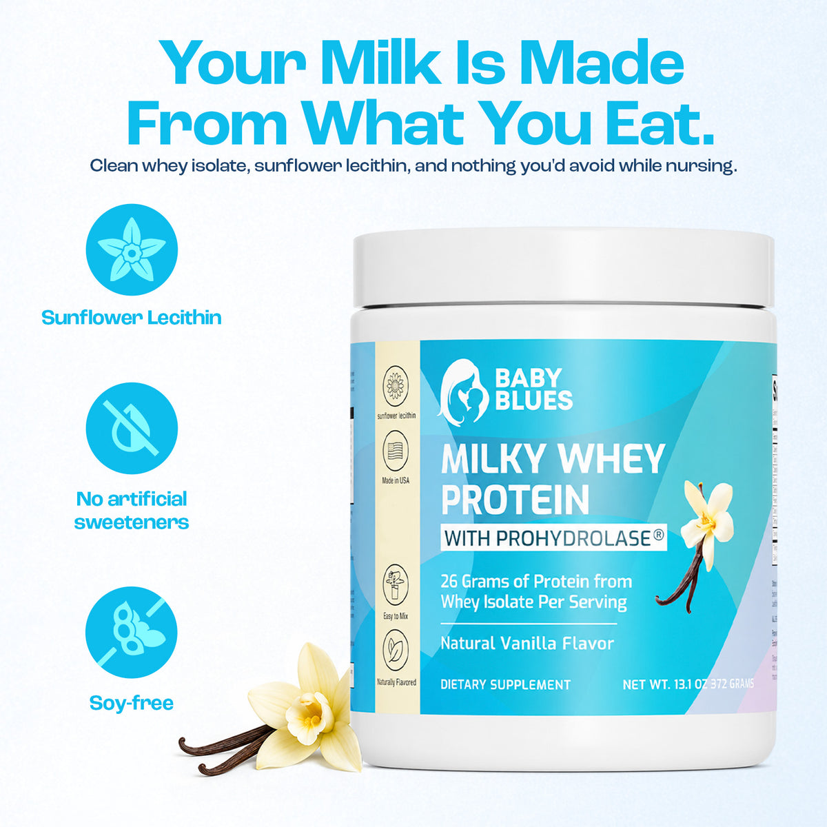 Clean ingredients: sunflower lecithin, no artificial sweeteners, soy free