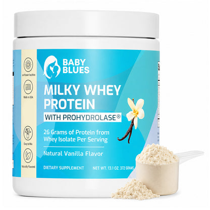 Baby Blues Milky Whey Protein tub with ProHydrolase, natural vanilla