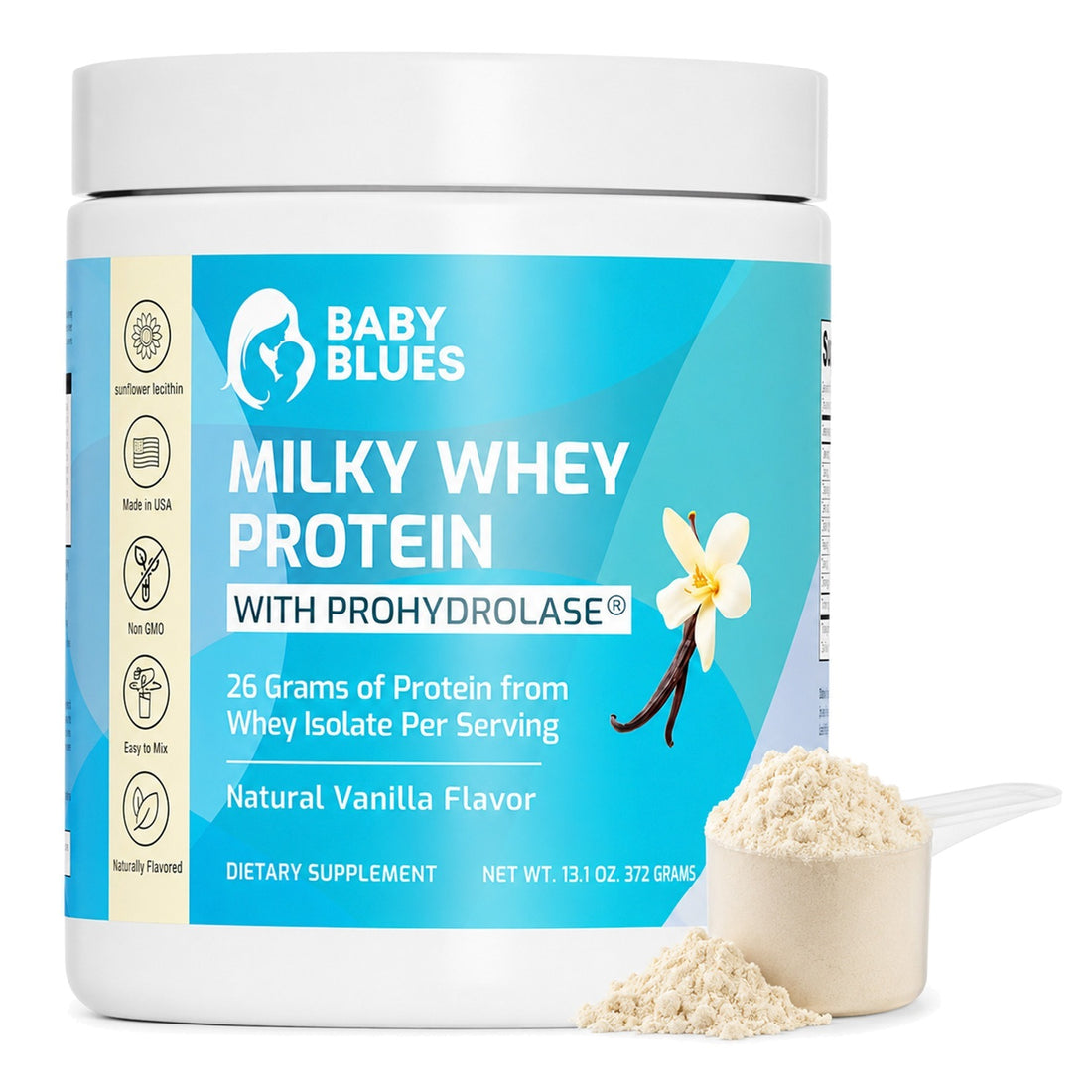Baby Blues Milky Whey Protein tub with ProHydrolase, natural vanilla