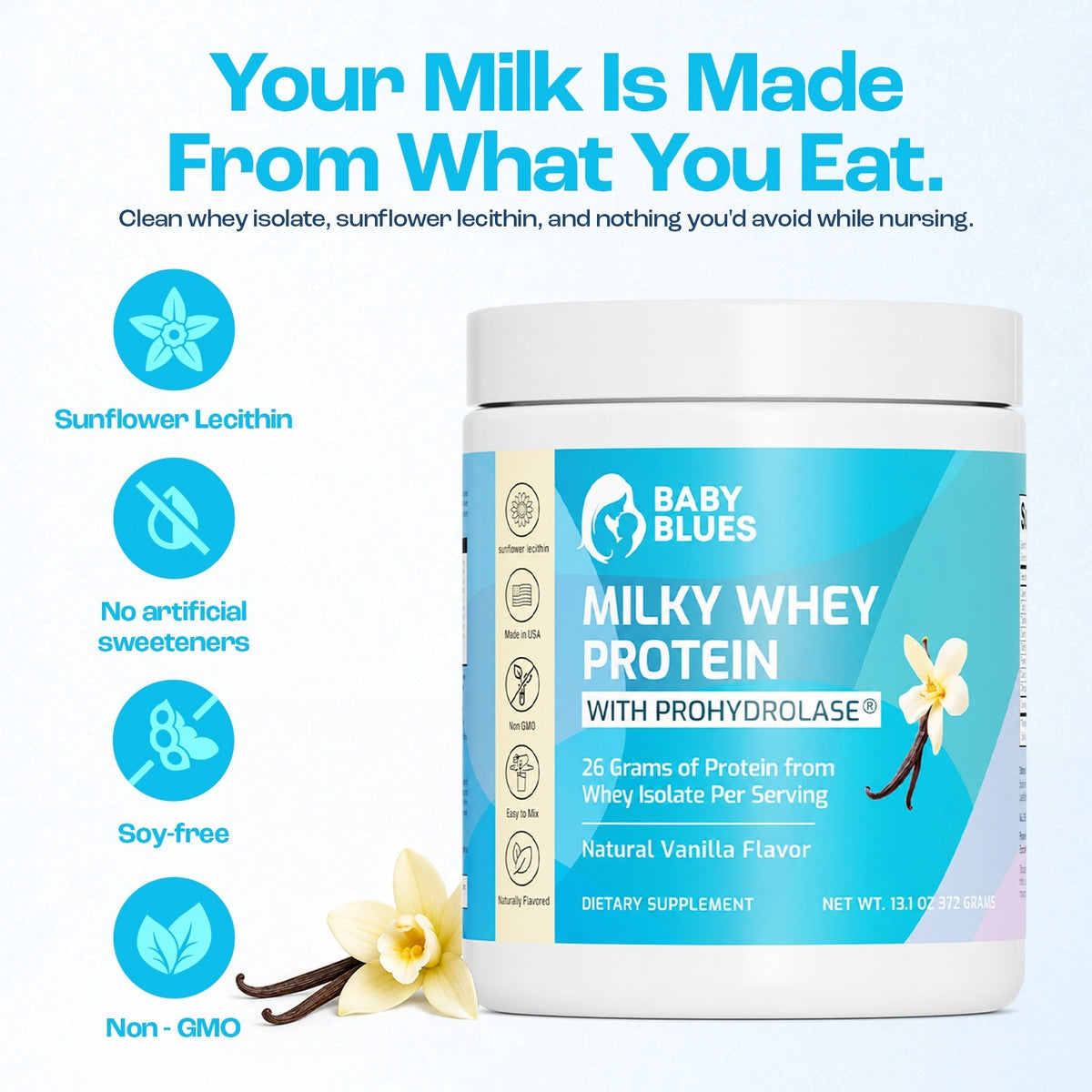 Clean ingredients: sunflower lecithin, no artificial sweeteners, soy free