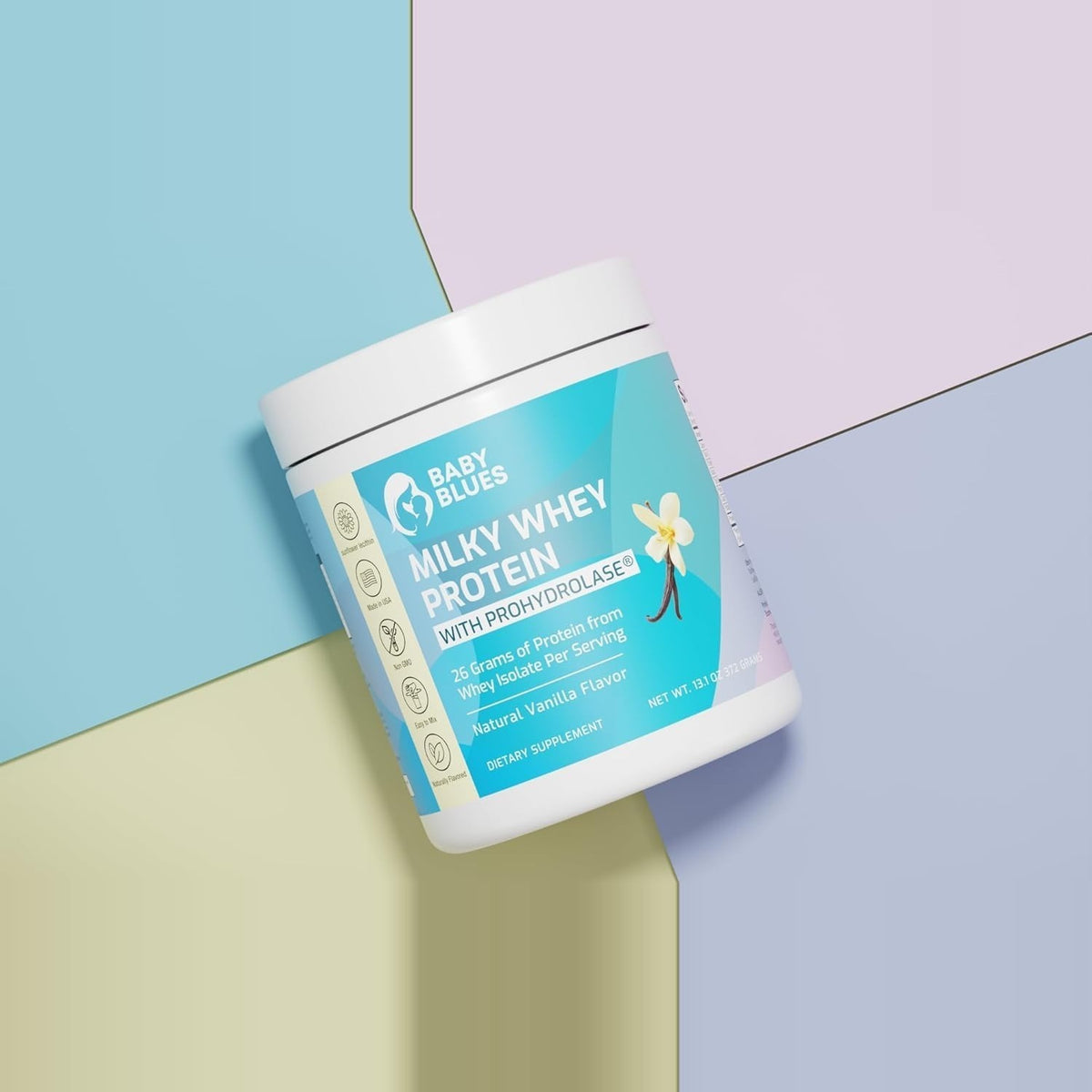 Milky Whey Protein tub on a pastel background
