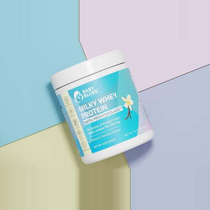 Milky Whey Protein tub on a pastel background
