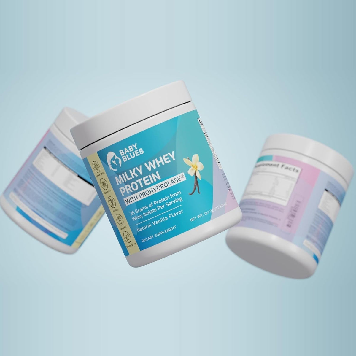 Milky Whey Protein tubs, front and back