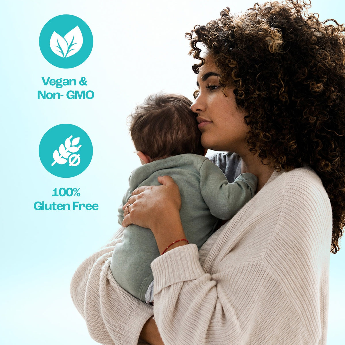 Mom holding her baby, vegan, non-GMO and gluten free probiotic gummies