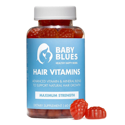 Baby Blues Postpartum Hair Vitamins bottle, 60 passion fruit gummies
